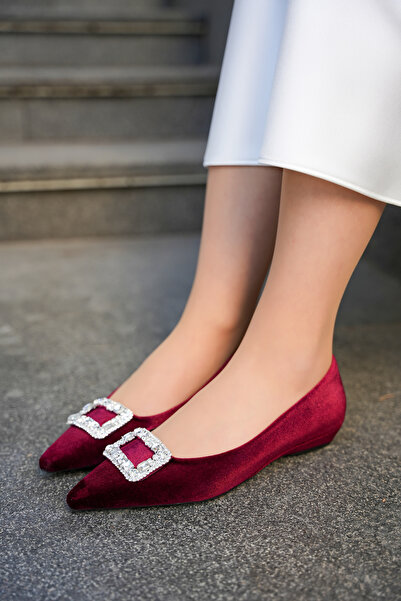 LamintaGlobal Carty Burgundy Velvet Fabric Women's Ballerinas with Stone Buck...