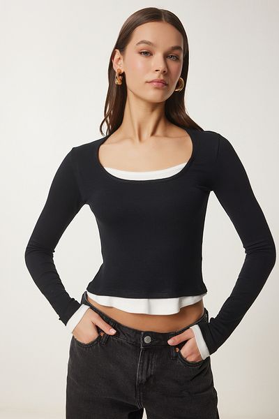 Lovelyİstanbul Atletă contrastantă tricotată Bluzy BLACK LUS0078