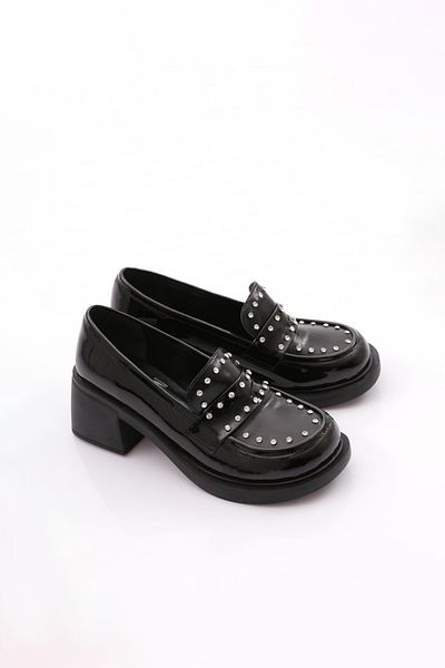 DGN High Sole Stone Detailed Loafer Women's Shoes Black Patent Leather 3212535