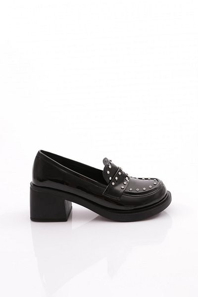 DGN High Sole Stone Detailed Loafer Women's Shoes Black Patent Leather 3212535