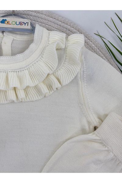 KURGAN TEKSTİL Baby Girl Crew Neck Ruffled Plain Sweater Knitwear Set of 2