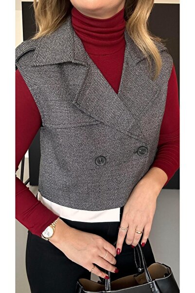 Sezgi Tekin Γκρι καρό γιλέκο με λεπτομέρεια Poplin