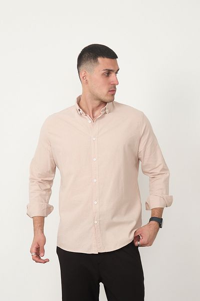 JR Boutique Ανδρικό βαμβακερό Basic μακρυμάνικο πουκάμισο χωρίς τσέπη - Μπεζ