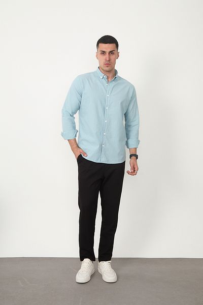 JR Boutique Ανδρικό βαμβακερό Basic μακρυμάνικο πουκάμισο χωρίς τσέπη - Μπλε