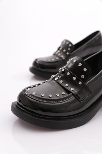 DGN Yüksek Taban Taş Detaylı Loafer Kadın Ayakkabı Siyah Rugan 3212535