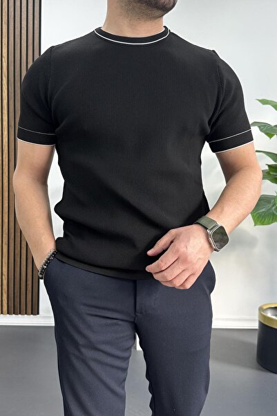 Edwox Ανδρικό πλεκτό μπλουζάκι με λαιμόκοψη μαύρο Edw233