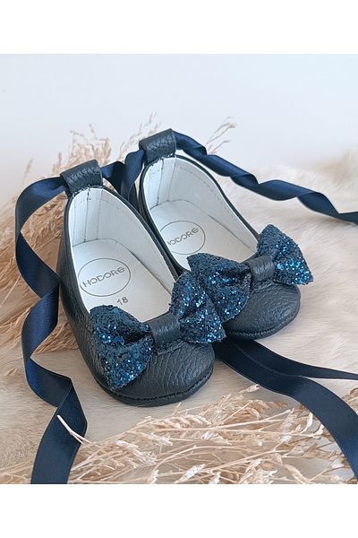 Hodore Perla Stone Navy Blue Genuine Leather Baby Ballerina Shoes