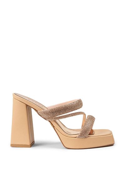 Deery Beige Platform Heeled Stoned Women's Evening Dress Slippers