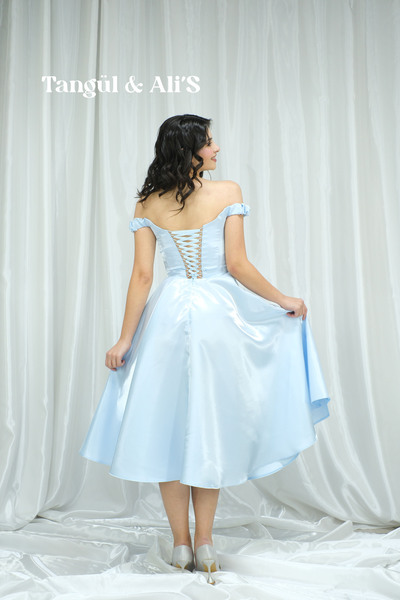 Tangül&Ali'S Moda Evi Lizbon Saten Drapeli Bebe Mavisi Midi Elbise