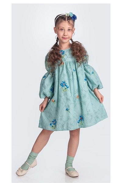 Mnk Baby&Kids Authentic Mediterranean Floral Embroidery Girl's Muslin Dress M00706 Green