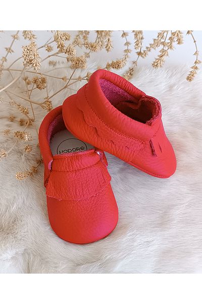 Hodore Rocco Red Genuine Leather Baby Booties Moccasin