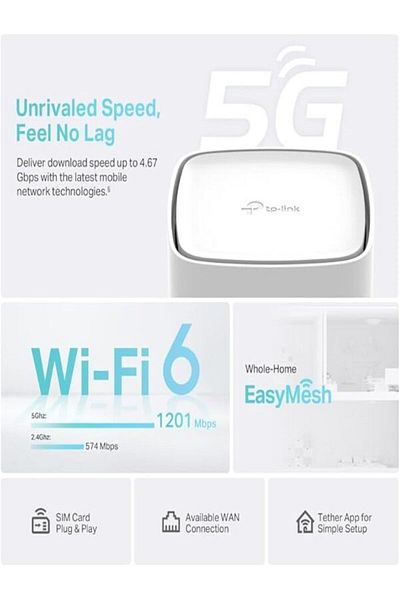 TP-LINK راوتر تي بي-لينك ارتشر NX200 5G واي فاي 6 AX1800   WAN/LAN، 4K-QAM، بيم فورمينج، 8×5G/LTE، 2