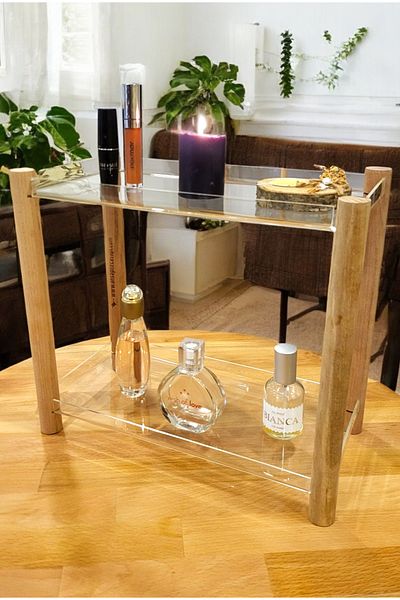 PEKA 2 Shelves Decorative Wooden Leg Plexiglass Organizer - Makeup & Jewelry Organizer Stand
