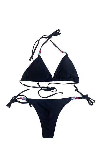 XORVİO Set de bikini cu șnur din lycra cu mărgele negre pentru femei Set de bikini cu șnur elegant, nou sezon