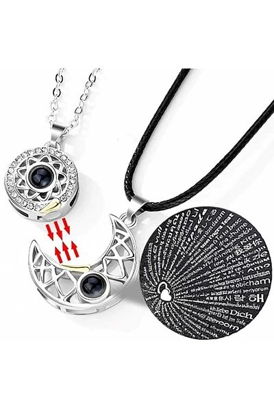 Herşey Nota 2 Pack 100 Languages I Love You Magnet Moon and Sun Lover Couple Necklace Lover Necklace