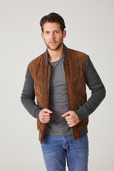 Deriderim Cognac Benny Zippered Sleeves and Back Gray Knitwear Prevailing Collar Men's College Genuine Suede Coat