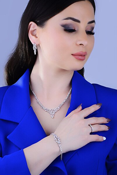 BARIŞ TAKI Kadın 925 Ayar Gümüş Mekik Pırlanta Montör Su Yolu Düğün Set