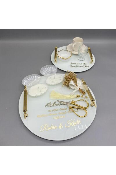 gifthomeshop Söz ve Damat Kahvesi Tepsisi - Beyaz Yuvarlak Tepsi, Varak Süsle...