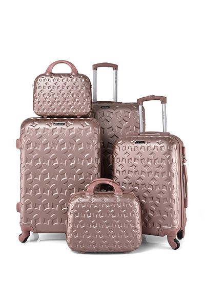 New Travel مجموعة حقائب سفر صلبة، حقيبة سفر بعجلات من مادة ABS، مع قفل مركب و4 عجلات CS006/5P-Rose