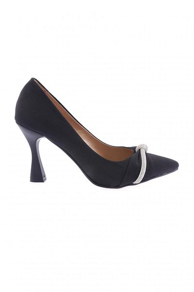 DGN S1310 Women's Twisted Silver Stone Accessory Heeled Shoes Black Satin Genuine Leather