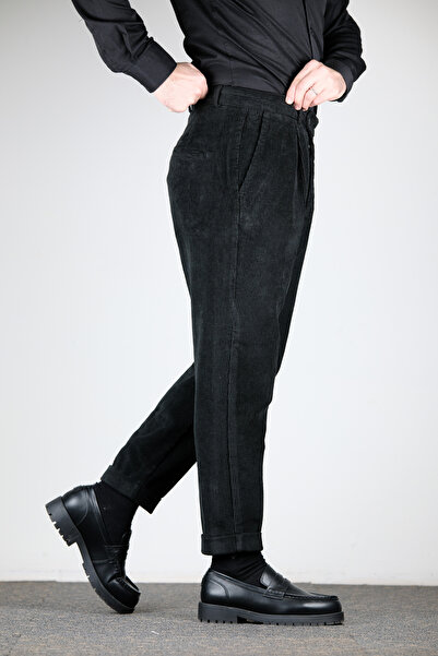 MODA Kadife Siyah Yüksek Bel Pileli Duble Paça Erkek Pantolon