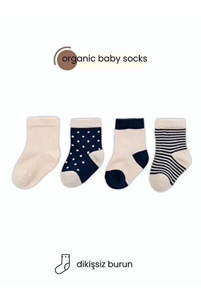 KARAMİLA 4'lü Organik Bebek Çorap Dikişsiz Lacivert (12-24 SİLİKON TABANLIDIR...