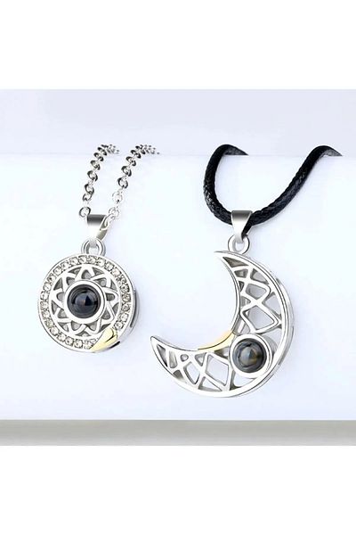 Herşey Nota 2 Pack 100 Languages I Love You Magnet Moon and Sun Lover Couple Necklace Lover Necklace