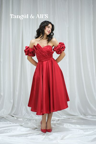 Tangül&Ali'S Moda Evi Satin Red Midi Dress with Pockets