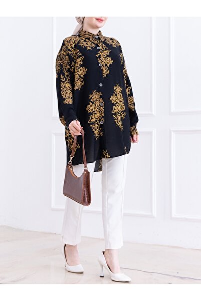 Modamorfo Patterned Tall Buttoned Long Back Viscose Tunic -Black