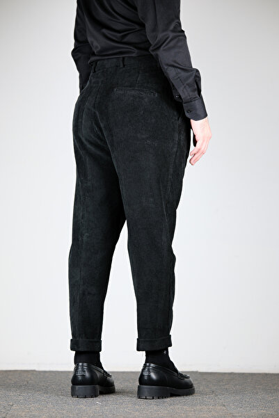 MODA Kadife Siyah Yüksek Bel Pileli Duble Paça Erkek Pantolon