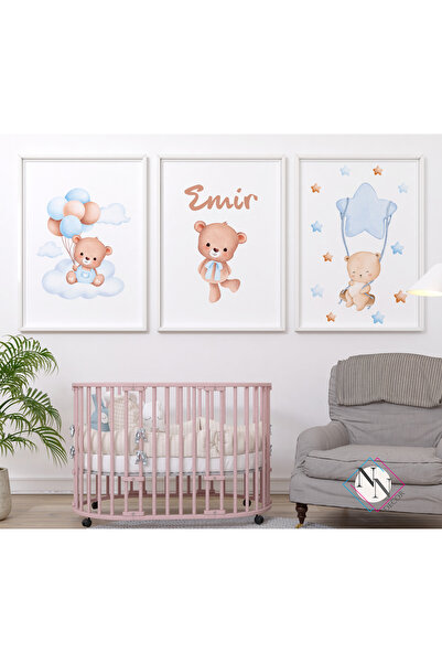 Personalized Teddy Bear and Sky Themed 3-Piece Set - Baby Boy and Kids Room with Natural Wood Frame