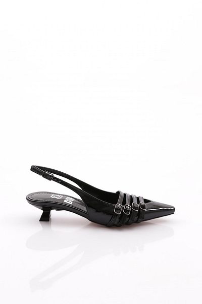 DGN 6351 Pantofi cu toc pentru femei, cu toc scurt, din piele lacuita neagra