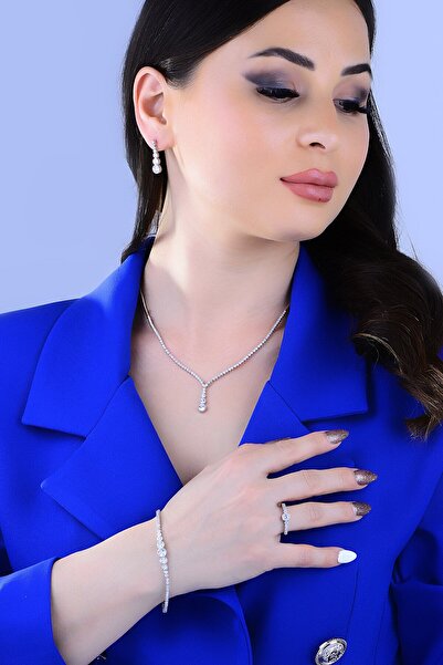 BARIŞ TAKI Kadın 925 Ayar Gümüş Salkım Pırlanta Montör Su Yolu Düğün Seti