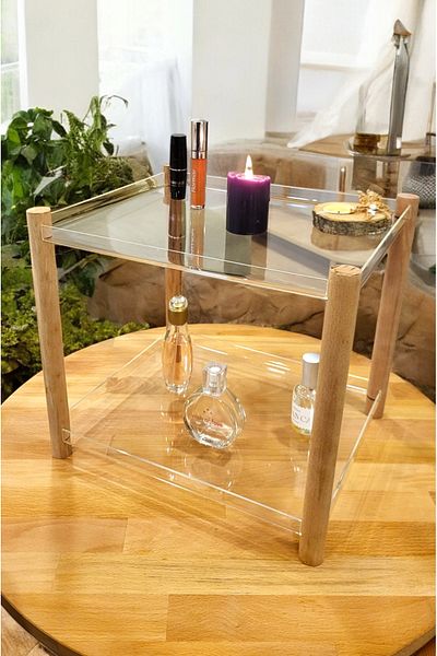 PEKA 2 Shelves Decorative Wooden Leg Plexiglass Organizer - Makeup & Jewelry Organizer Stand