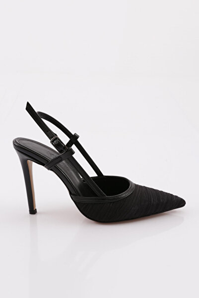 DGN 1002 Women's Open Back Ankle Strap Belt Heeled Shoes Black Pleated