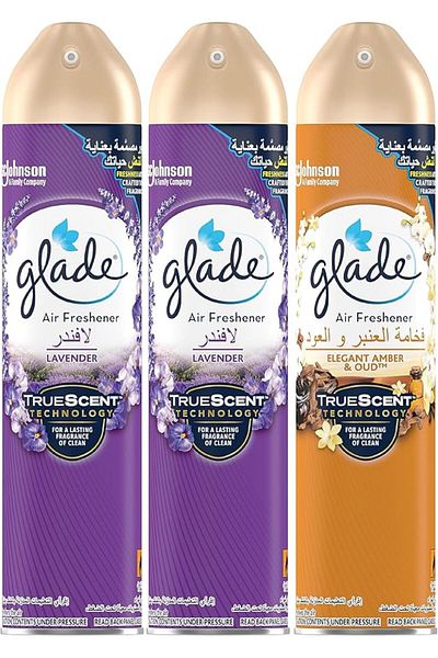 Glade Aerosol 2x Lavender & 1x Elegant Amber & Oud, Air Freshener, 3x 300ml, Refresh Every Room