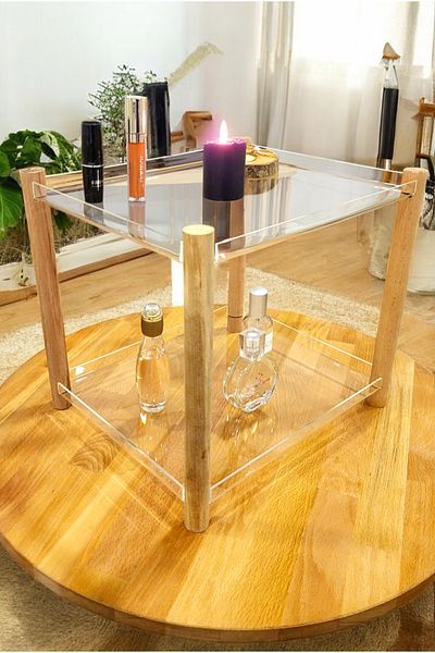PEKA 2 Shelves Decorative Wooden Leg Plexiglass Organizer - Makeup & Jewelry Organizer Stand