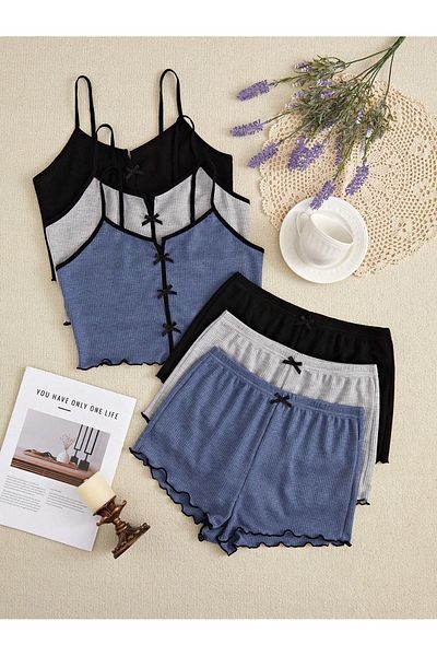 BELLA NOTTE Set de pijamale cu fundă din bumbac, 6 piese, cu pantaloni scurți