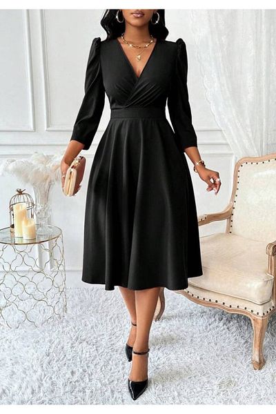 Little Visqon Women's Long Sleeve Double Breasted Collared Flared Imported Crepe Dress