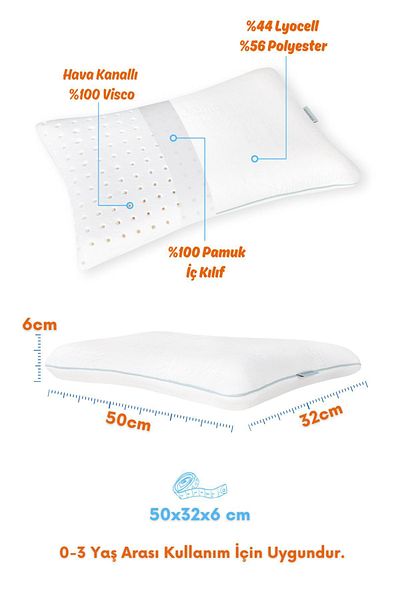 VİSCOTEX Visco Orthopaedic Baby Pillow, 50X32X6Cm, White