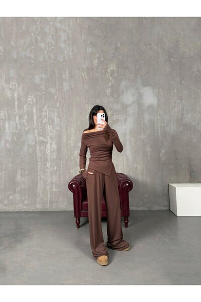 manana fashion Modal szövet drapírozott aszimmetrikus szabású blúz nadrág barna kétrészes szett