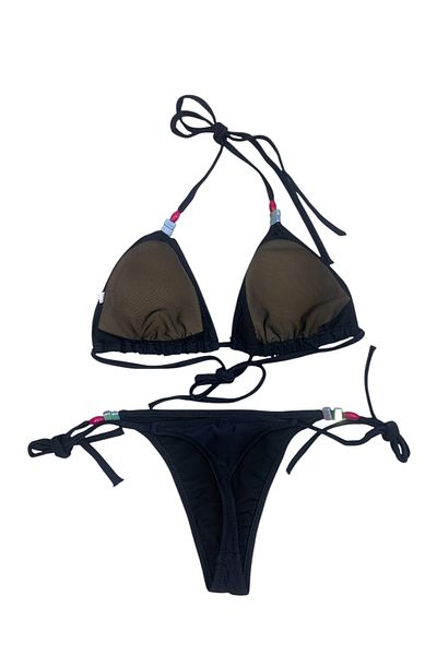 XORVİO Set de bikini cu șnur din lycra cu mărgele negre pentru femei Set de bikini cu șnur elegant, nou sezon