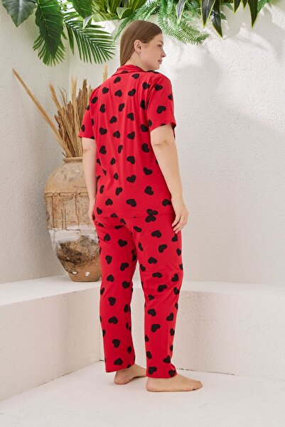 PİJAMOOD Kadın Battal Kısa Kollu Pamuklu Önden Düğmeli Pijama Takımı