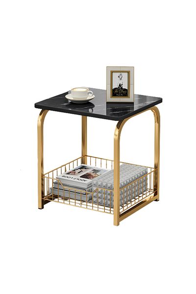 sharpdo Modern End Table With Storage Basket Sofa Side Table With Marble Design For Living Room