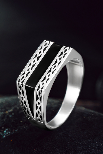 OSMANLI GÜMÜŞ Erkek Gümüş Yüzük - Zincir Desenli Ortası Siyah Çizgili İnce Ki...