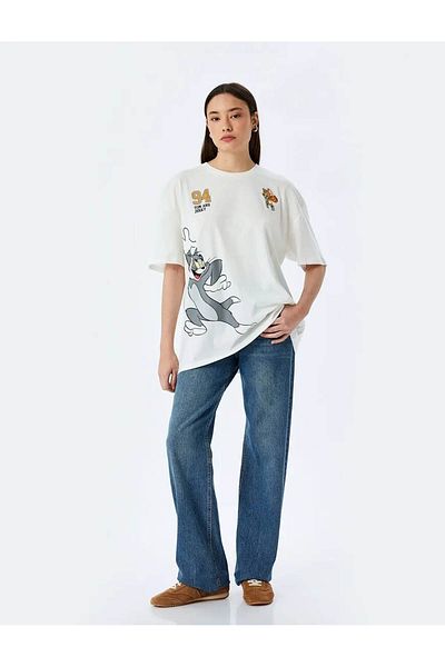 Koton Dámské tričko Tom And Jerry Printed Ecru 5sal10269ık