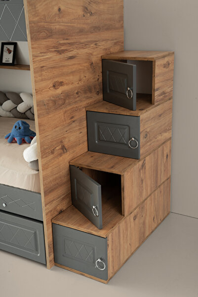 miracool Zümrüt Ranza / Çam-antrasit / Ücretsiz Kurulum / 3 Yatak Bölümü Ve Dolaplı Merdiven / %100 MDF