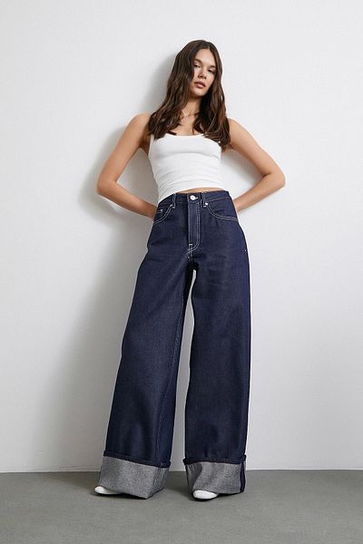 Never more Five Pockets High Waist Folded Jeans Navy Blue