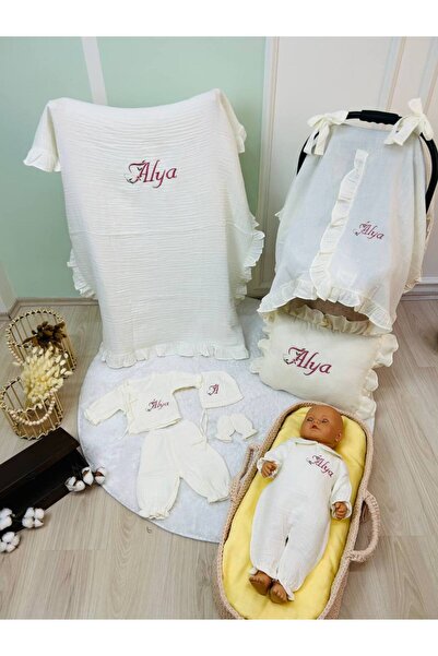 KARSU TASARIM İsme Özel %100 Pamuk 4 Kat Müslin Hastane Çıkış Seti Ve Puset Ö...