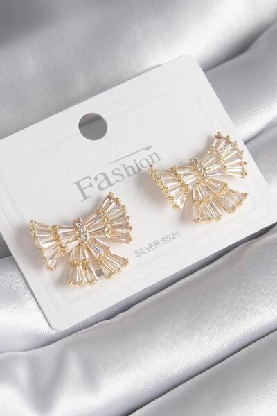 Celira Brass Gold Color Zircon Stone Ribbon Model Women's Earrings